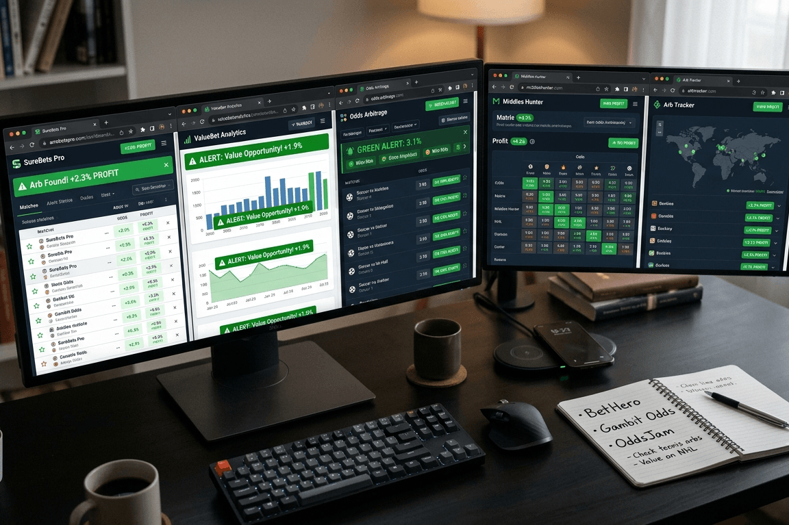 Arbitrage betting software dashboards showing live profit alerts across multiple monitors