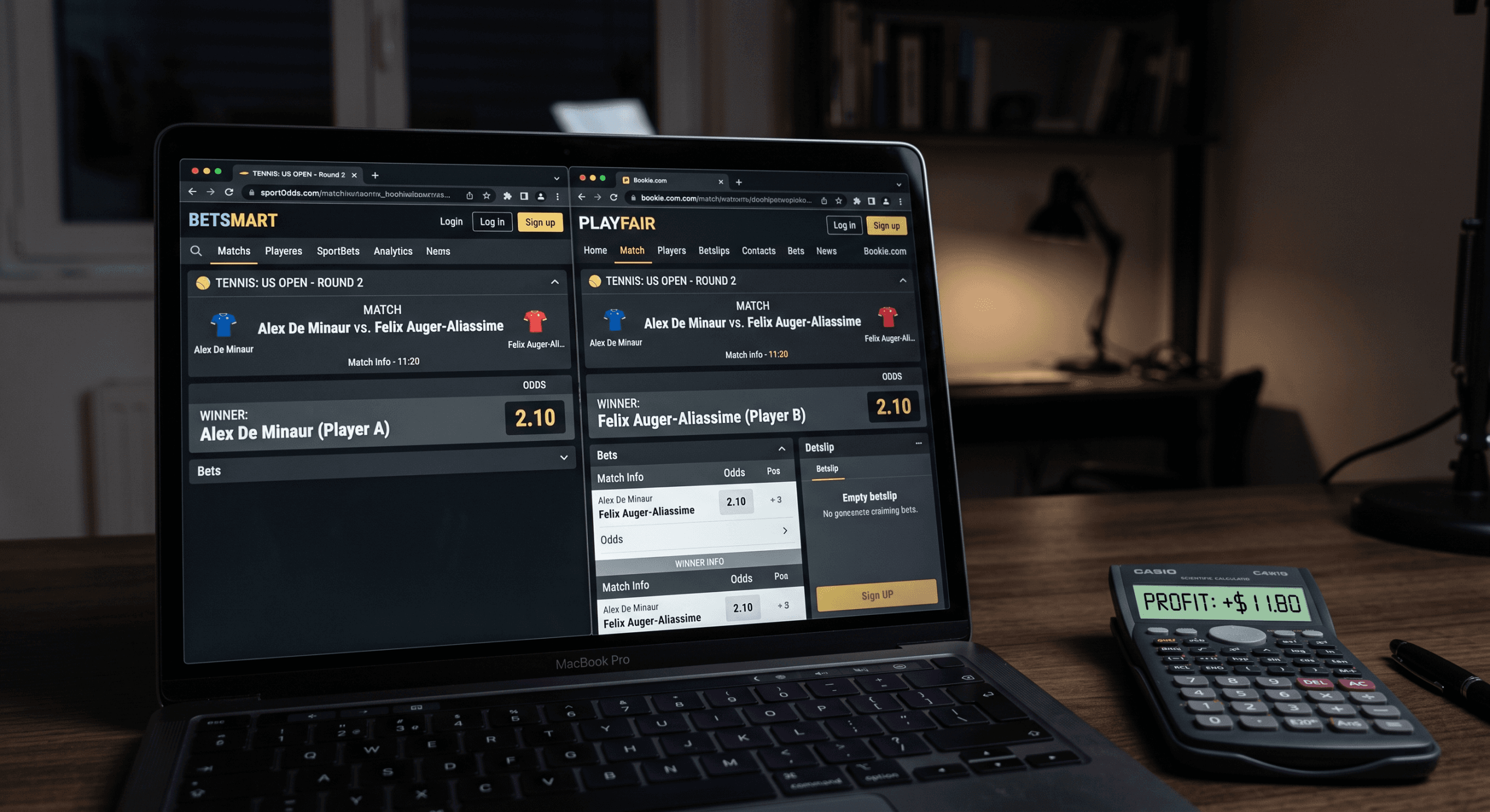Arbitrage betting example showing two bookmakers offering 2.10 odds on opposite outcomes of the same tennis match, with a calculator displaying a guaranteed profit